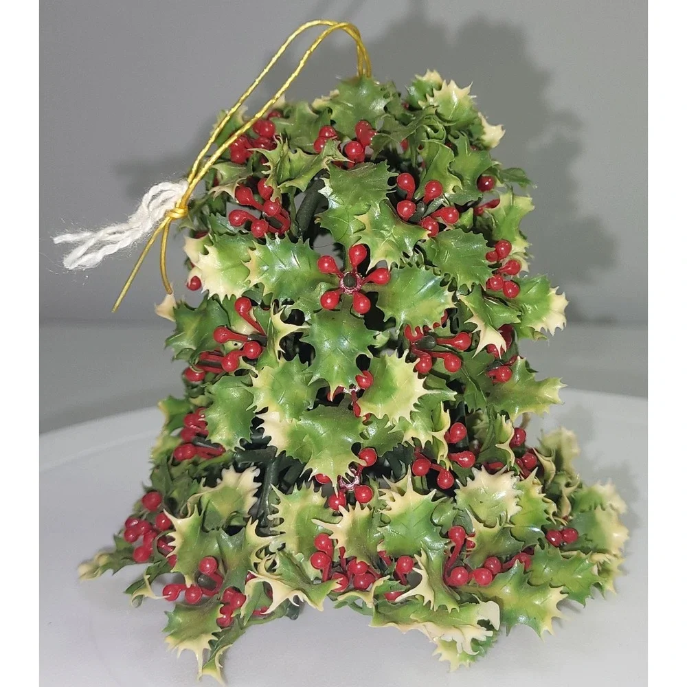 Christmas Bell Plastic Ornament Green Holly Berry Vintage Style